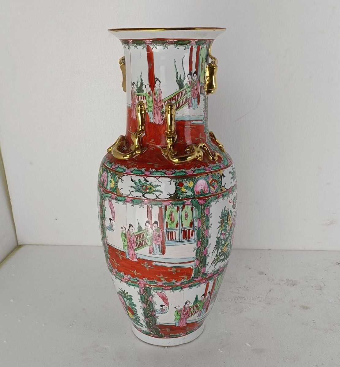Large Vintage Vase Chinese China Dragons Foo Dogs Beautiful Family Rose photo furniture