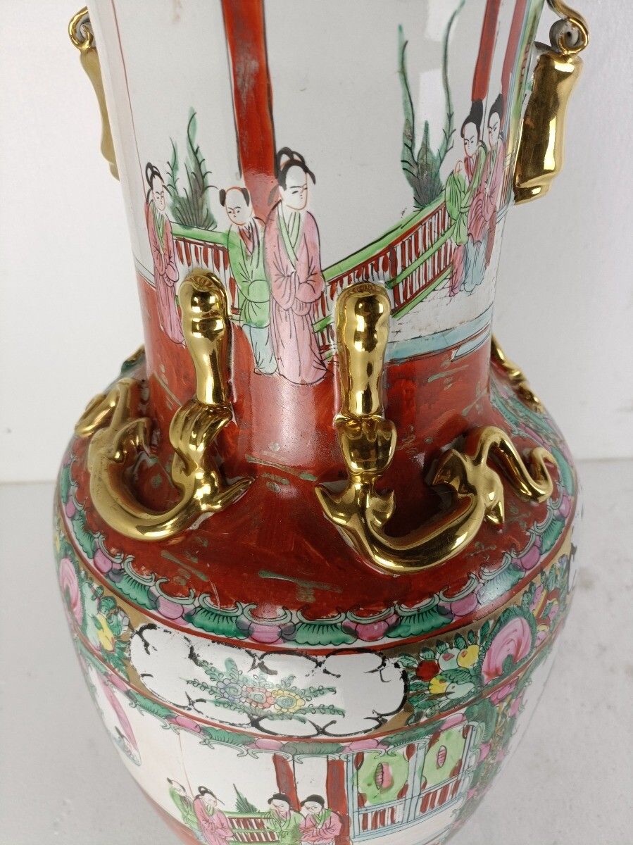 Large Vintage Vase Chinese China Dragons Foo Dogs Beautiful Family Rose photo for sale