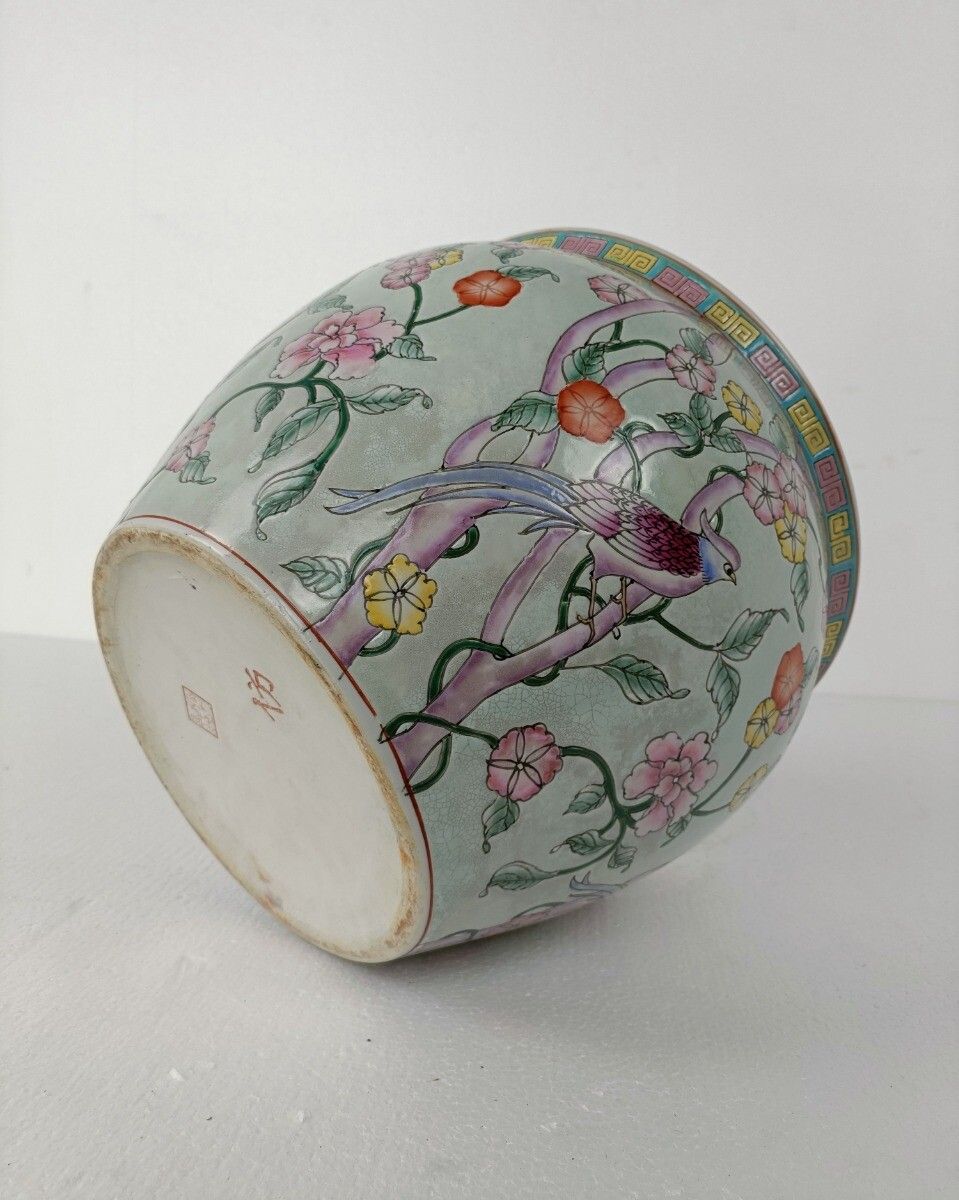 Gorgeous Chinese Porcelain  Bird Of Paradise Koi  Bowl Planter Vase Birds Flower photo buy