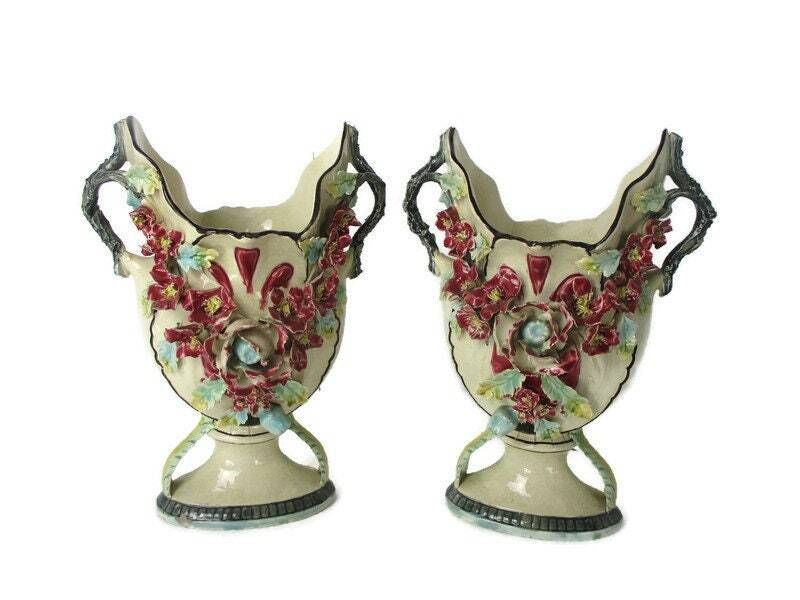 Set Of 2 Pair French Barbotine Majolica Vases Planters Centerpiece Gorgeous Flow