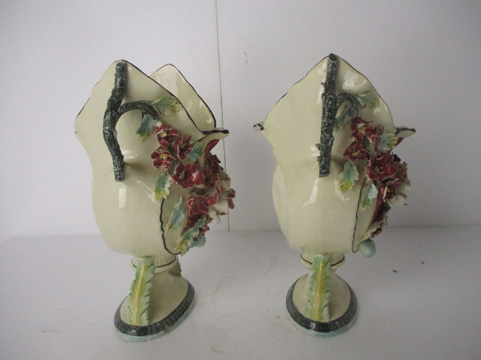 Set Of 2 Pair French Barbotine Majolica Vases Planters Centerpiece Gorgeous Flow photo vinterior