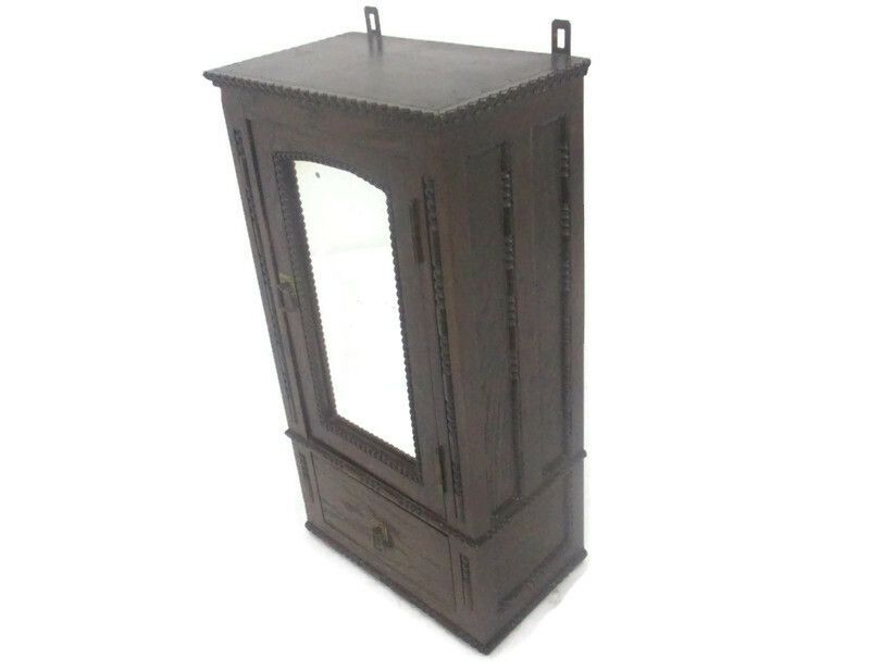 Kitchen Medicine Apothecary  Bathroom Cabinet  Carved Wood Ornate Hobnails