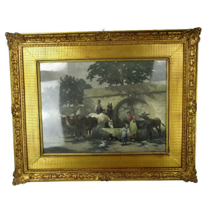 Antique Gorgeous Litho Horses Cows Water Trough Ornate Frame  Wood Plaster