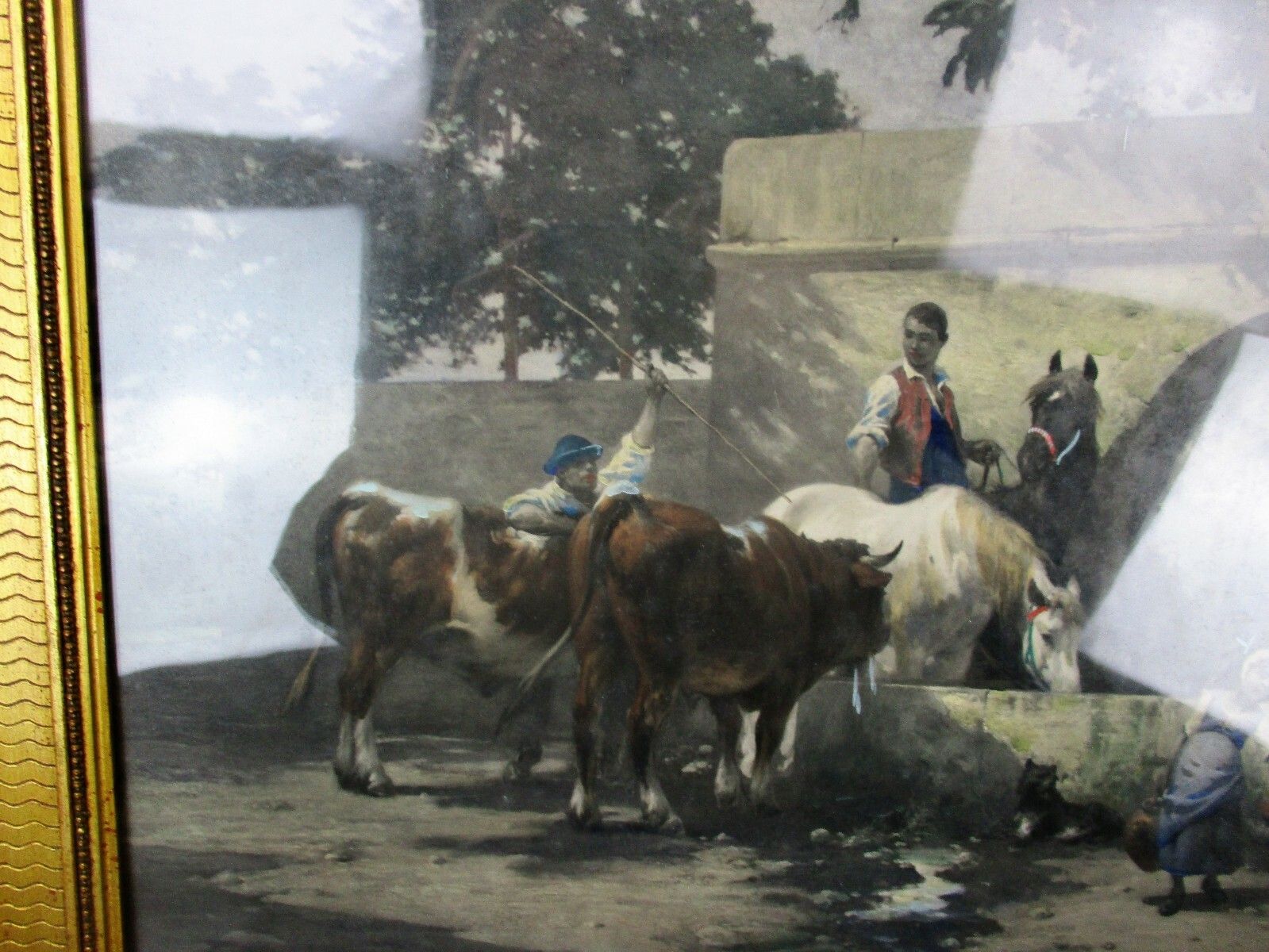 Antique Gorgeous Litho Horses Cows Water Trough Ornate Frame  Wood Plaster photo for sale