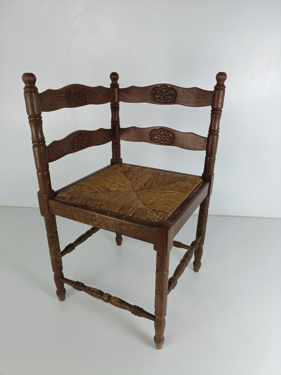Antique Corner Armchair Fauteuil Hallway Hand Carved Wood  Rush Seating Beautifu photo furniture