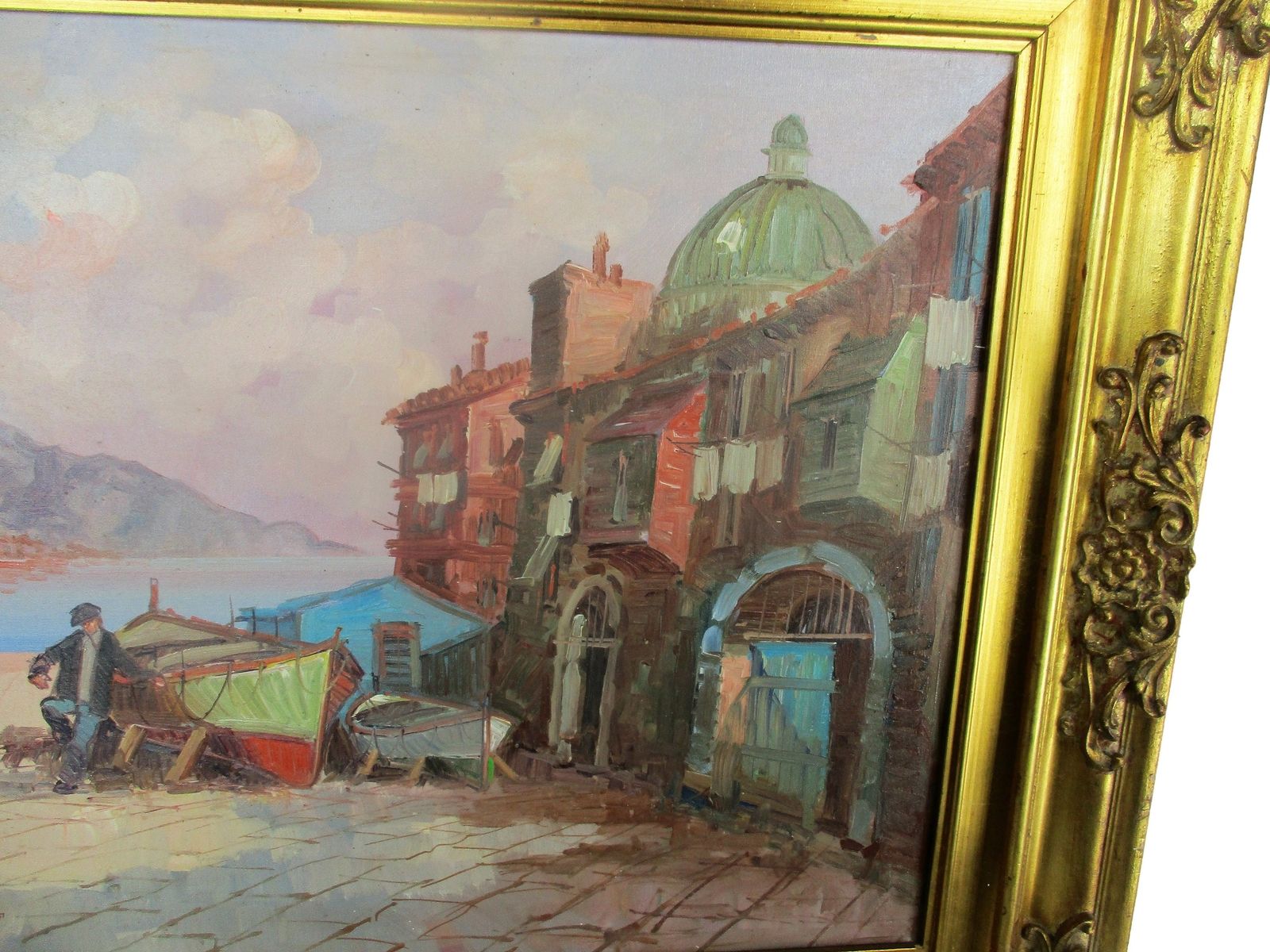 A. De Gugliemo Italian Fisherman Village Boats Lovely Xl Oil Painting Canvas Fra photo Art