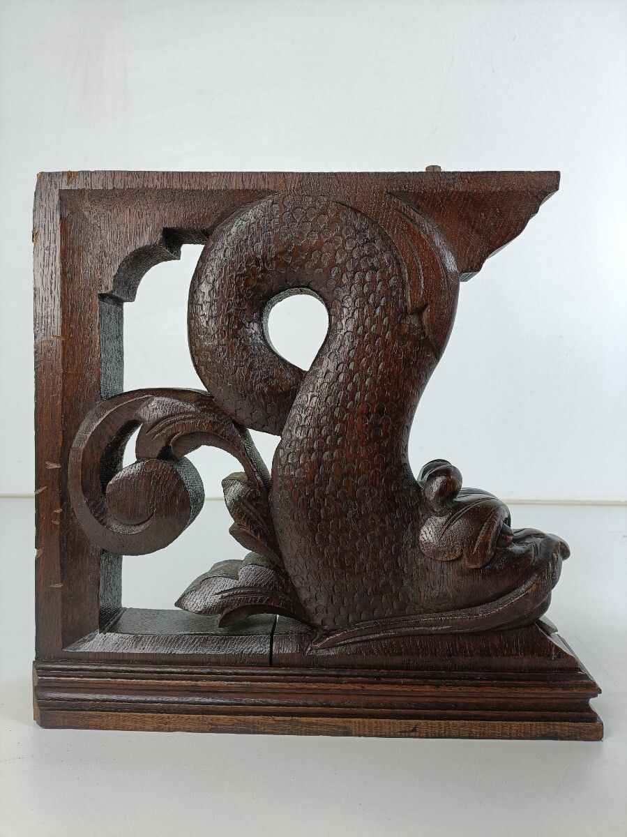 Antique Pair Corbels Hand Carved Wood Mythological Fish Architectural Reclaimed photo vintage