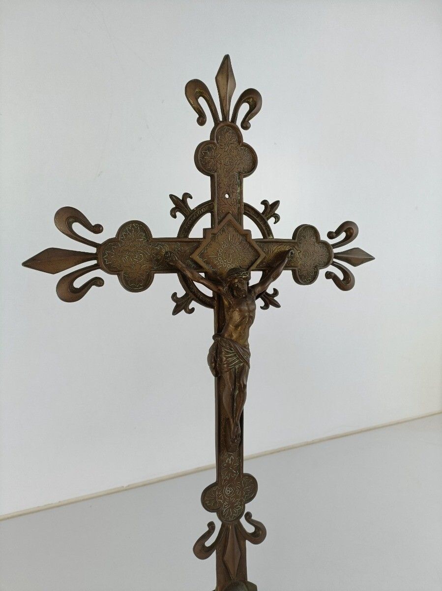 Standing Table Altar Crucifix Cross Ornate Brass Jesus Christ French Fleur De Li photo Art