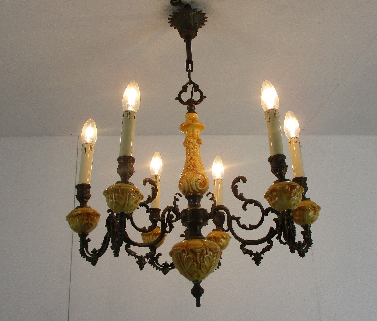Chandelier 6 Arms Lights Ceramic Porcelain Ceramic  Brown Mid Century Italy photo for sale
