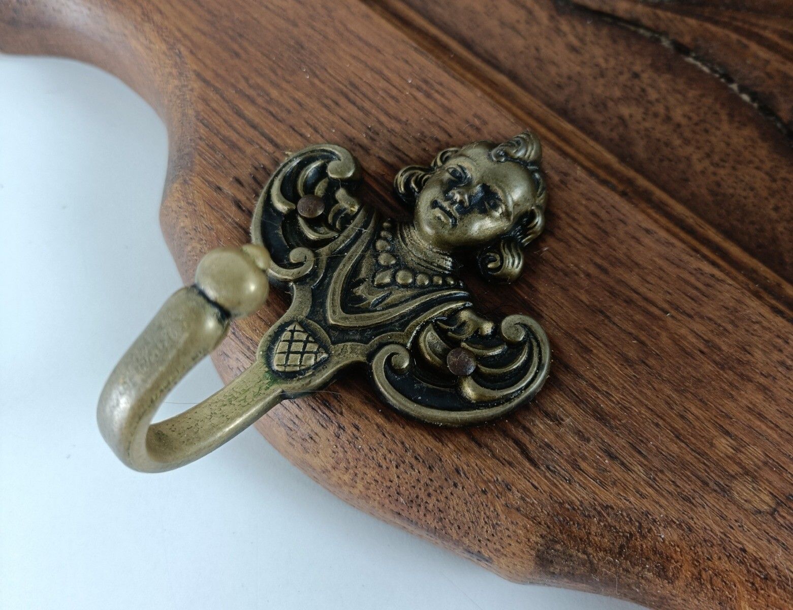 photo for sale Antique Carved Wood Coat Kitchen Hat Rack Hand Carved Wood Oack Angel Hooks