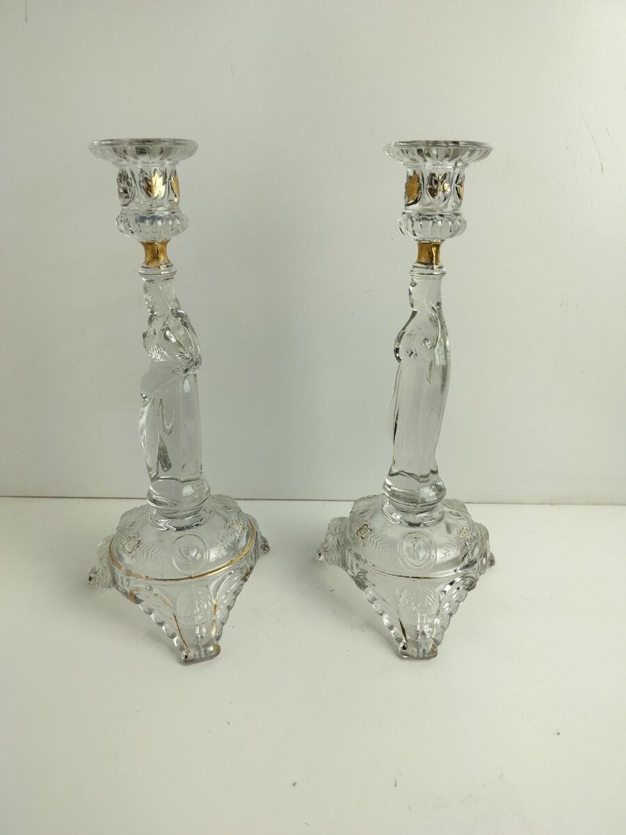Couple Candle Holders Art Glass Gold Touches  Holy Heart Virgin Mary Christ Pris photo vintage