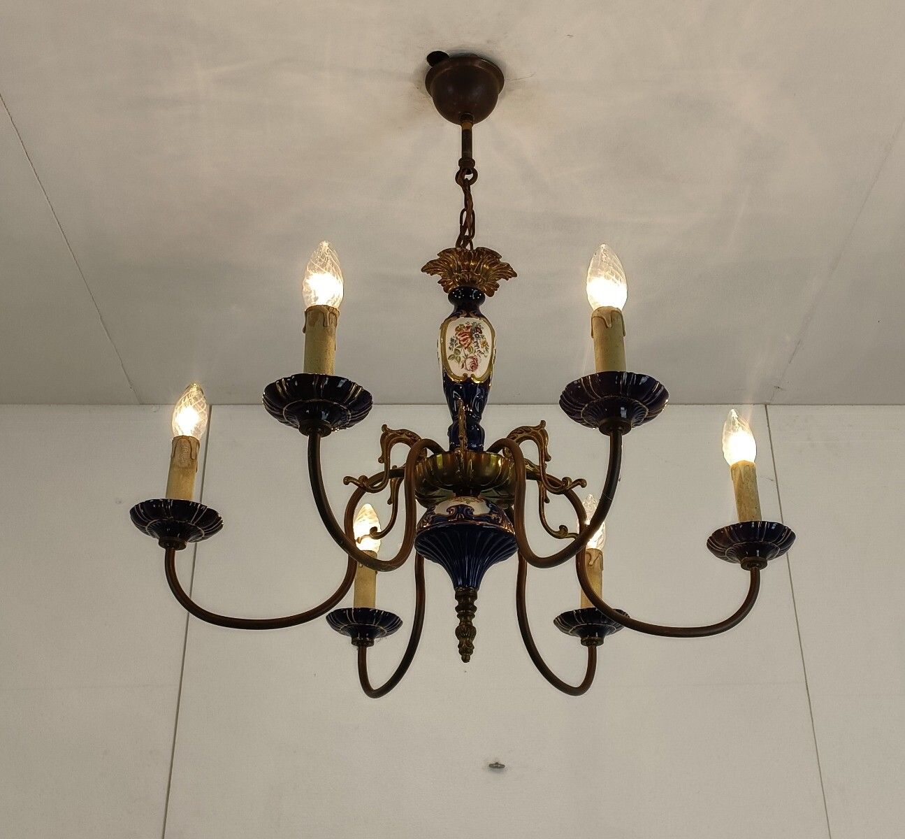 Cobalt Blue Italian Porcelain Vintage Chandelier 6 Arms 6 Lights Barn Country St photo furniture