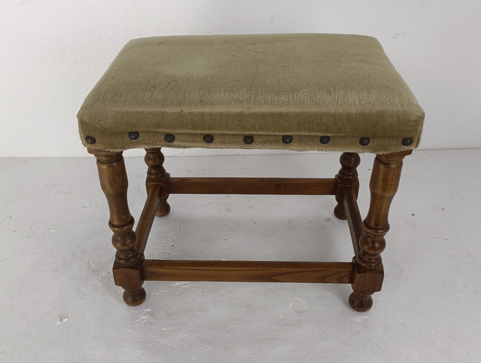 Footstool Ottoman Wooden Legs Green Fabric  Hobnails Mid Century Modern Vintage photo furniture