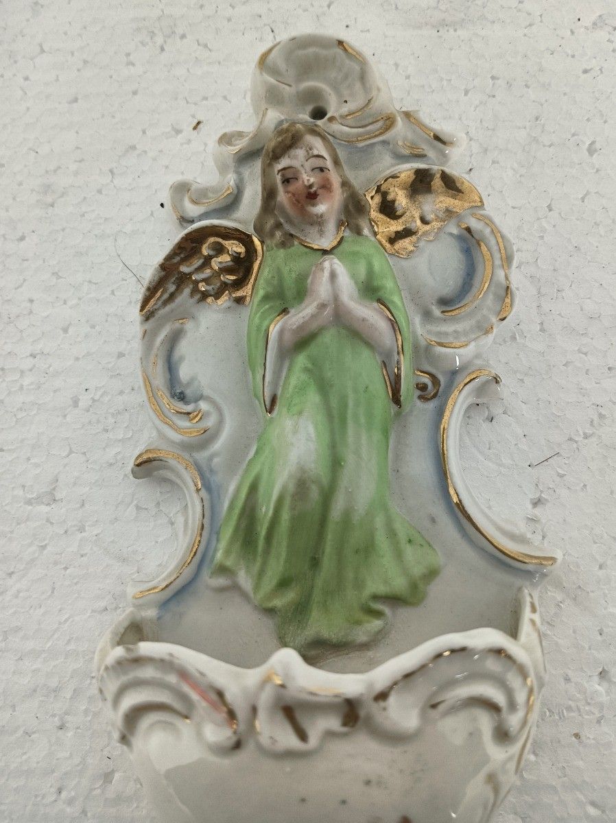 Holy Water Font Vessel Porcelain Antique Neo Gothic Angel Green  Wall Hanging Lo photo Art