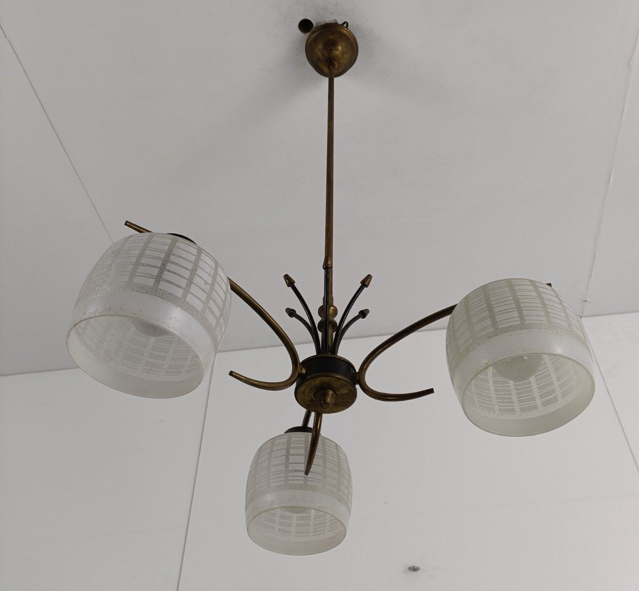 Chandelier Fixture 3 Arm 3 Lights Vintage Stilnovo Style Retro  Brass Glass Shad photo Lighting