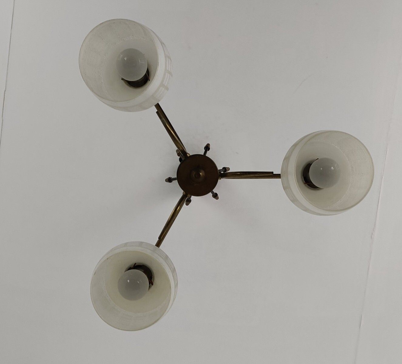 photo for sale Chandelier Fixture 3 Arm 3 Lights Vintage Stilnovo Style Retro  Brass Glass Shad