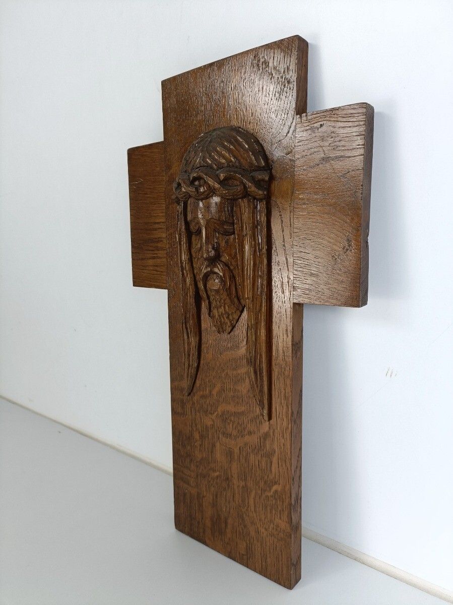 Gorgeous Hand Carved Wood Art Jesus Christ Head Of Thorns Sculpture Crucifix  VI photo for sale