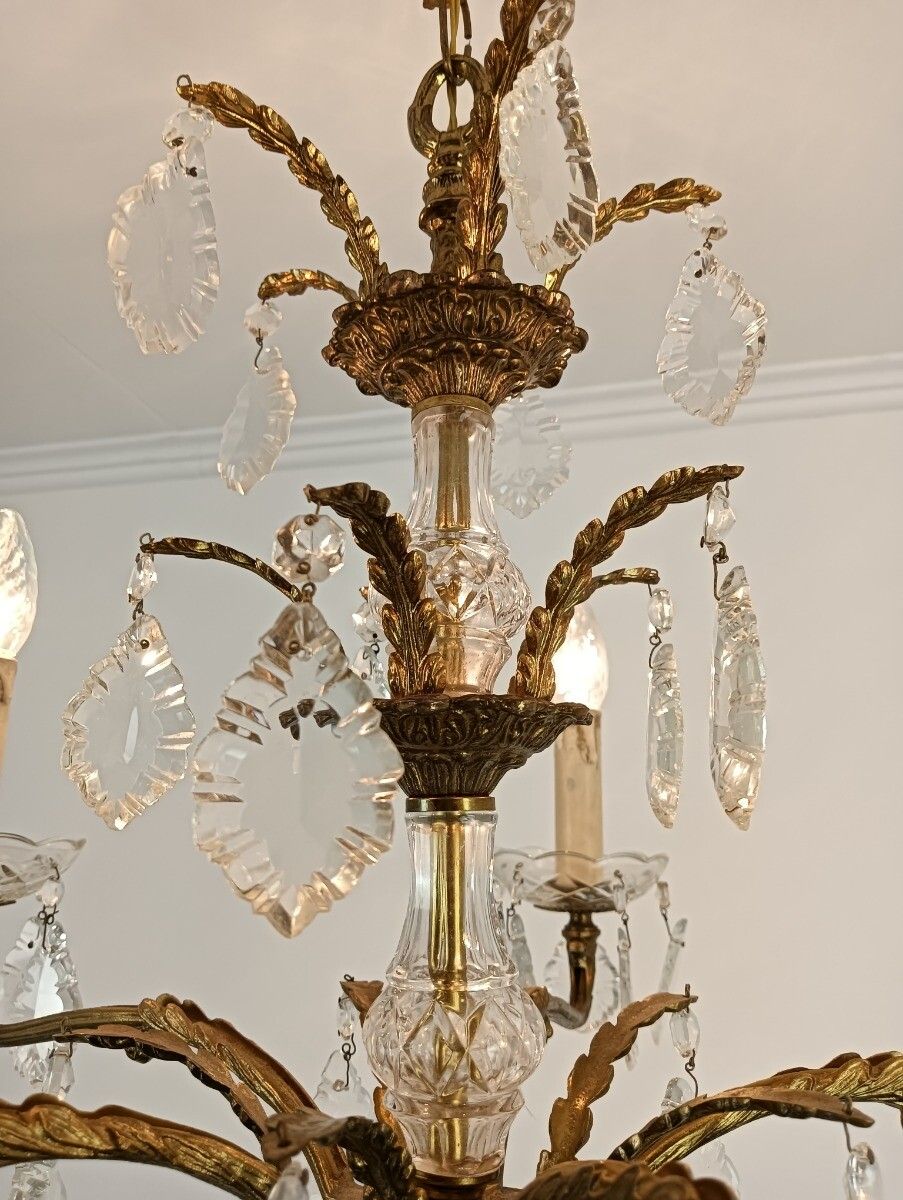 France Chandelier Bronze With Art Glass Prisms 6 Lights Vintage Stylish photo 485.0