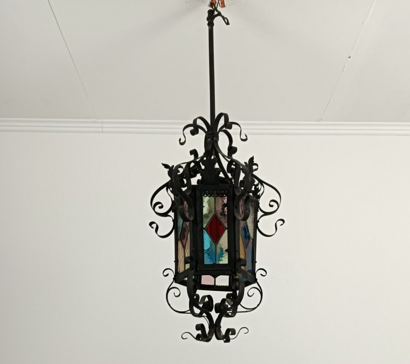 Antique Wrought Iron 19thc Lantern Colored Glass France Gas Pendant Electrified photo furniture