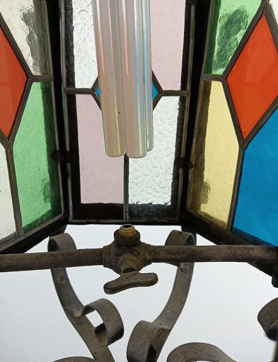 Antique Wrought Iron 19thc Lantern Colored Glass France Gas Pendant Electrified photo Lighting
