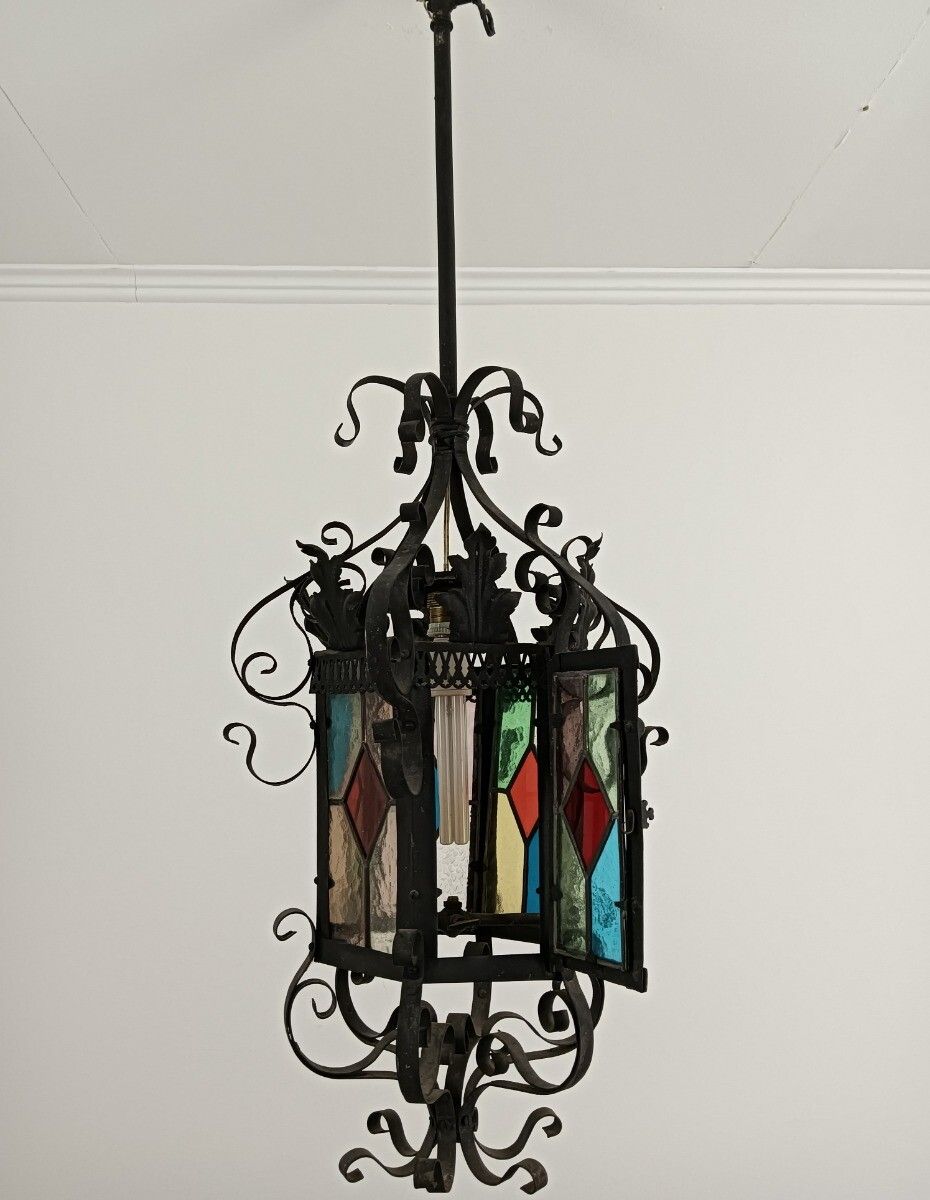 Antique Wrought Iron 19thc Lantern Colored Glass France Gas Pendant Electrified photo buy