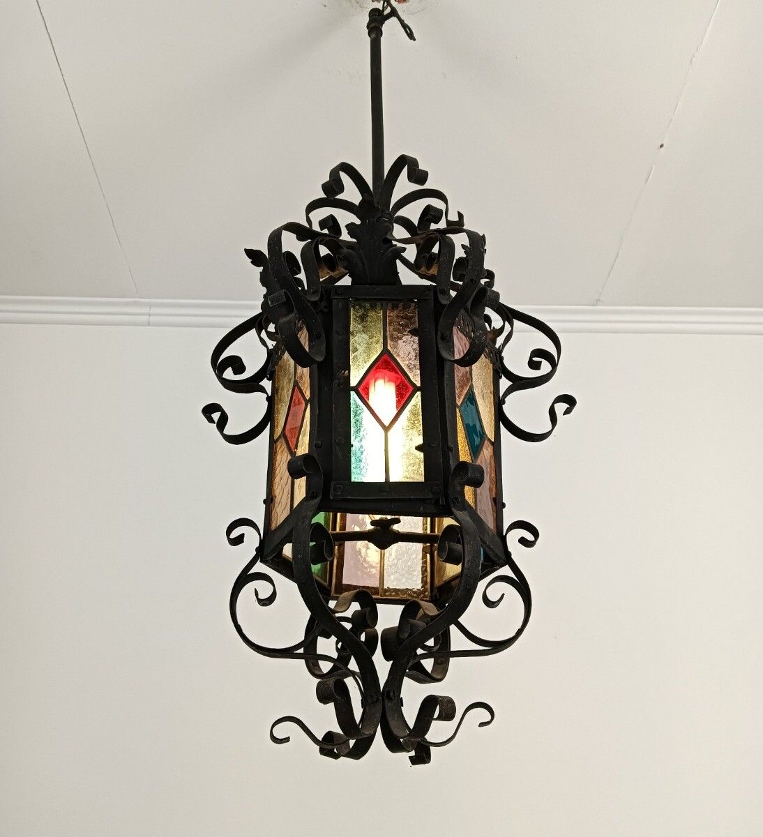 photo furniture Antique Wrought Iron 19thc Lantern Colored Glass France Gas Pendant Electrified