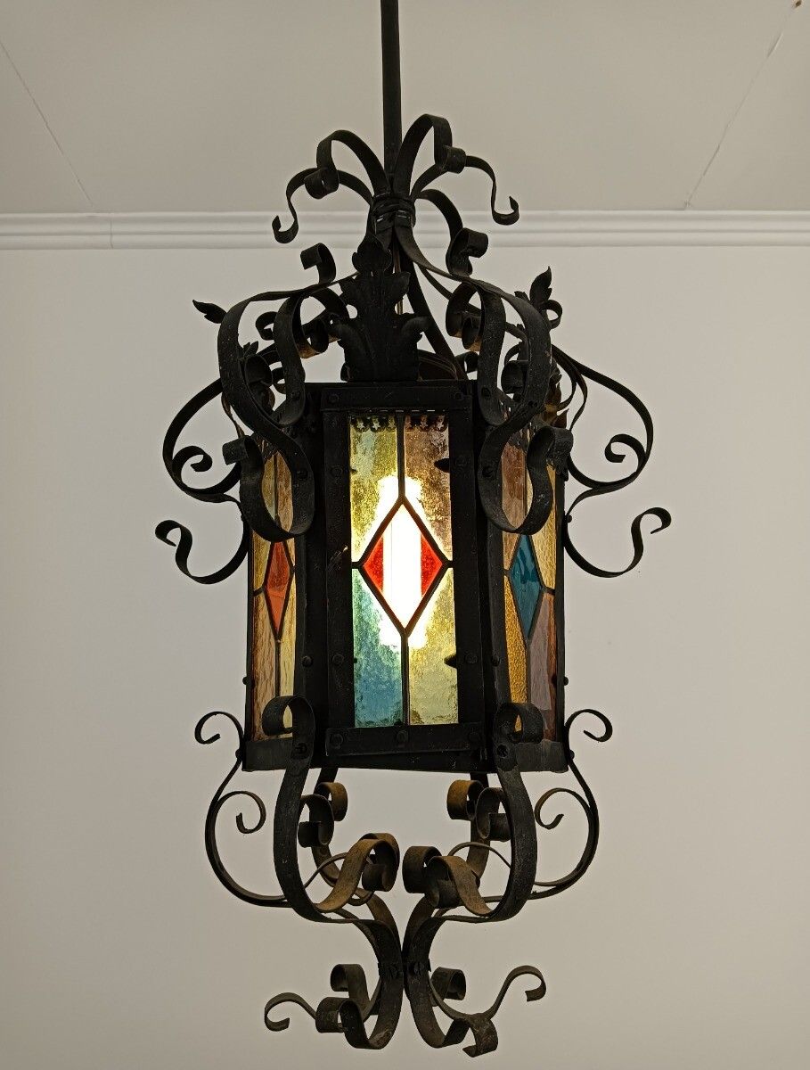 photo for sale Antique Wrought Iron 19thc Lantern Colored Glass France Gas Pendant Electrified
