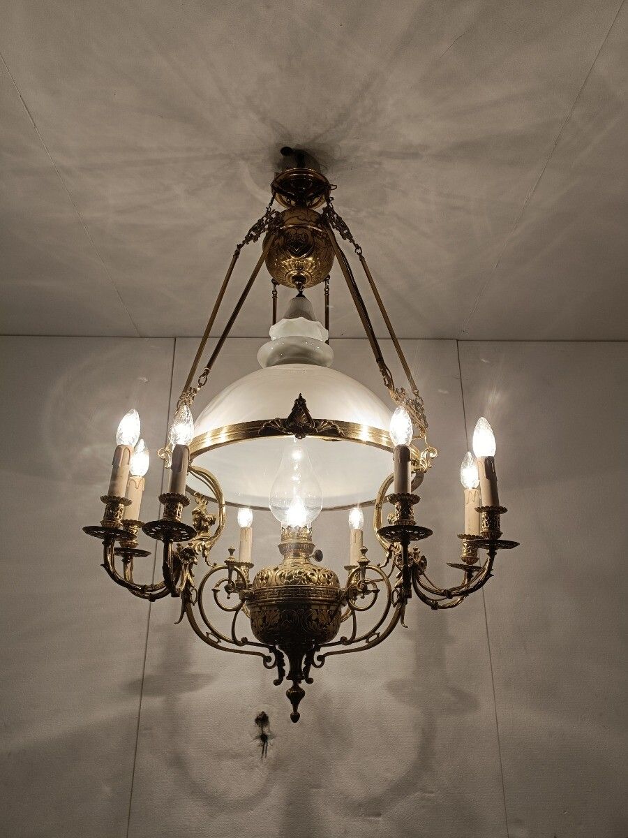 Art Nouveau Xl Chandelier Bronze Dore Copper Opanine Glass Shade 10 Lights photo Lighting