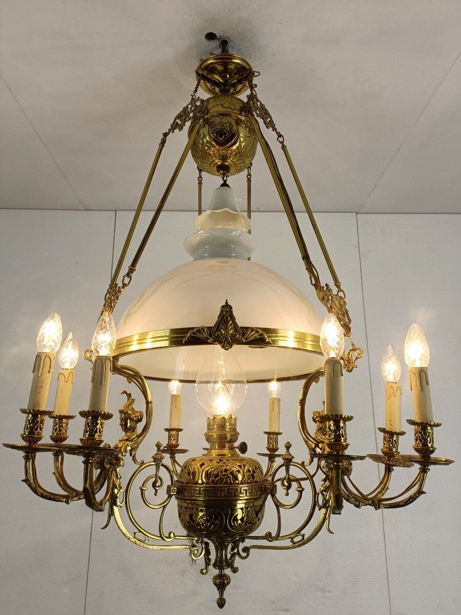 Art Nouveau Xl Chandelier Bronze Dore Copper Opanine Glass Shade 10 Lights photo 2022.0
