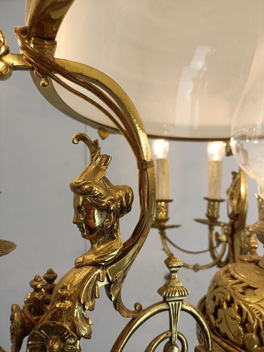 Art Nouveau Xl Chandelier Bronze Dore Copper Opanine Glass Shade 10 Lights photo vinterior