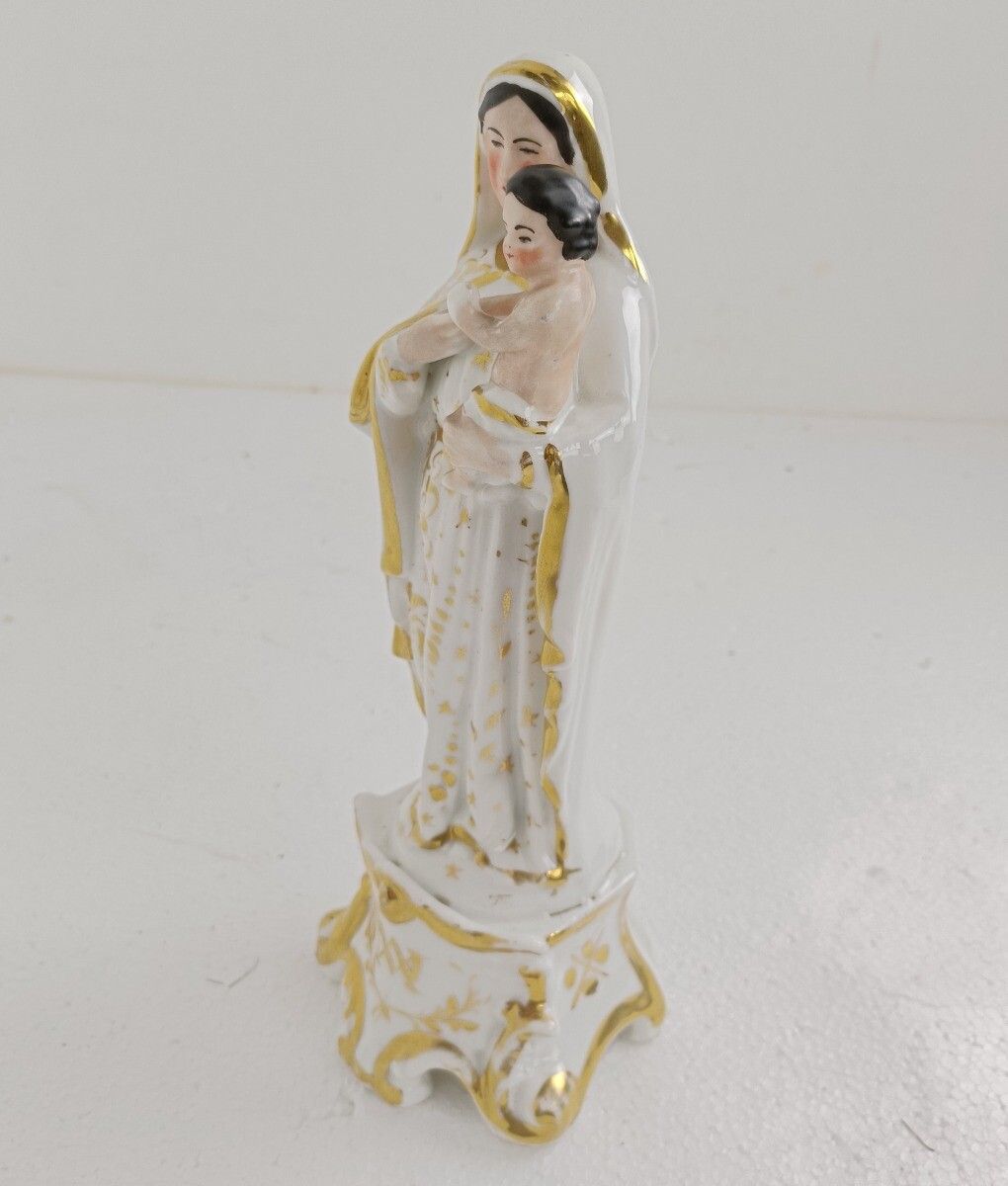 Antique 1900 Vieux Paris Porcelain Bisque Statue Virgin Mary Madonna With Infant photo vinterior