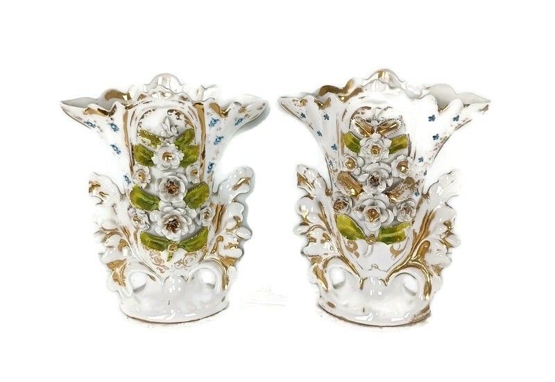 Couple Antique Vieux Paris Porcelain Fan Flair Bridal Vases Flower Bouquet Frenc