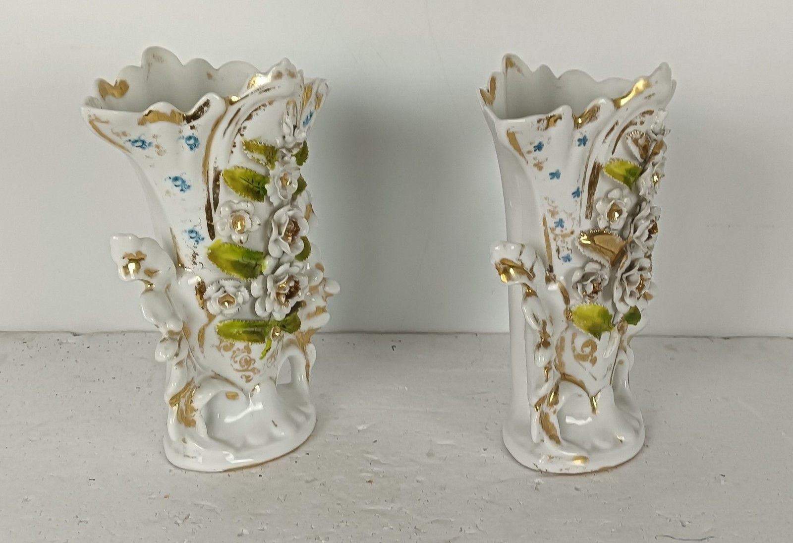Couple Antique Vieux Paris Porcelain Fan Flair Bridal Vases Flower Bouquet Frenc photo vinterior
