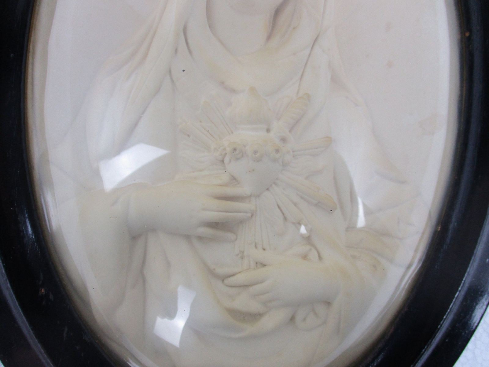 Antique Oval Ornate Wooden Frame  Convex Glass Dome Virgin Mary Madonna Holy Hea photo for sale