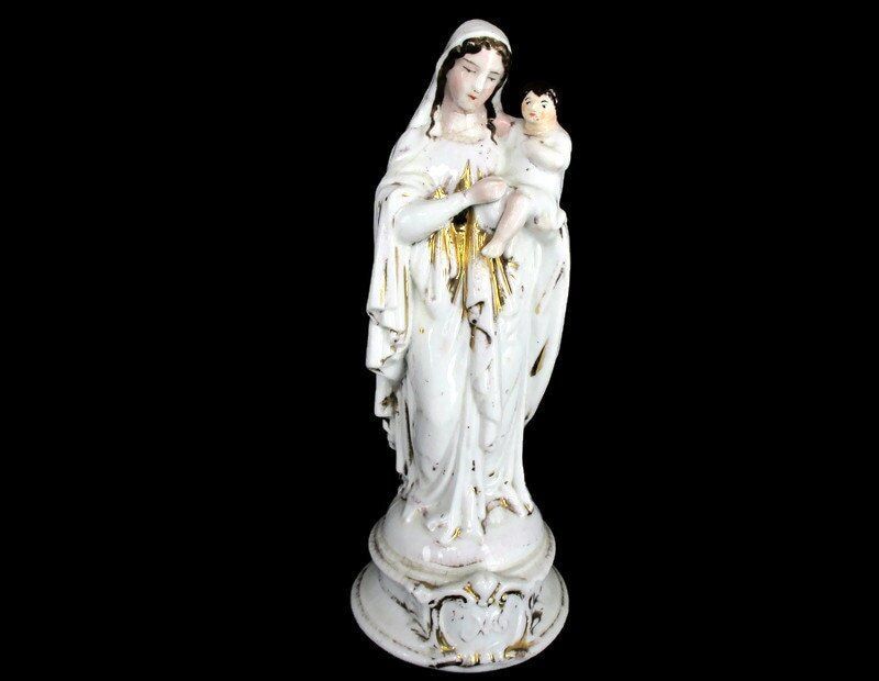 Antique 1900 Vieux Paris Porcelain Bisque Statue Virgin Mary Infant Jesus 9.84&Q