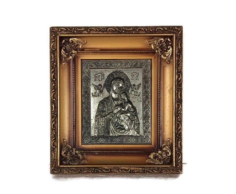 Antique Framed Aluminium  Icon Hand Painted Mary Perpetua Succursu With Infant W