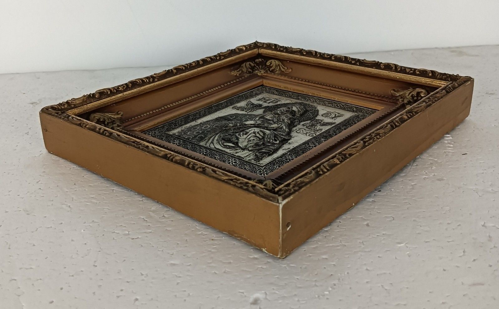 Antique Framed Aluminium  Icon Hand Painted Mary Perpetua Succursu With Infant W photo for sale