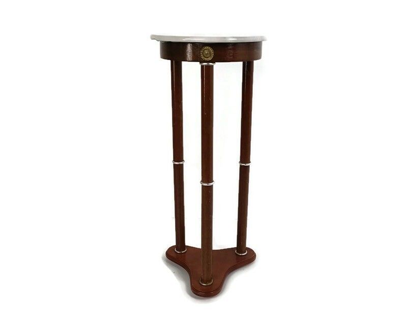 Vintage Pedestal Plant Stand Side Table Column Brass Trims Marble Top Wood Beaut