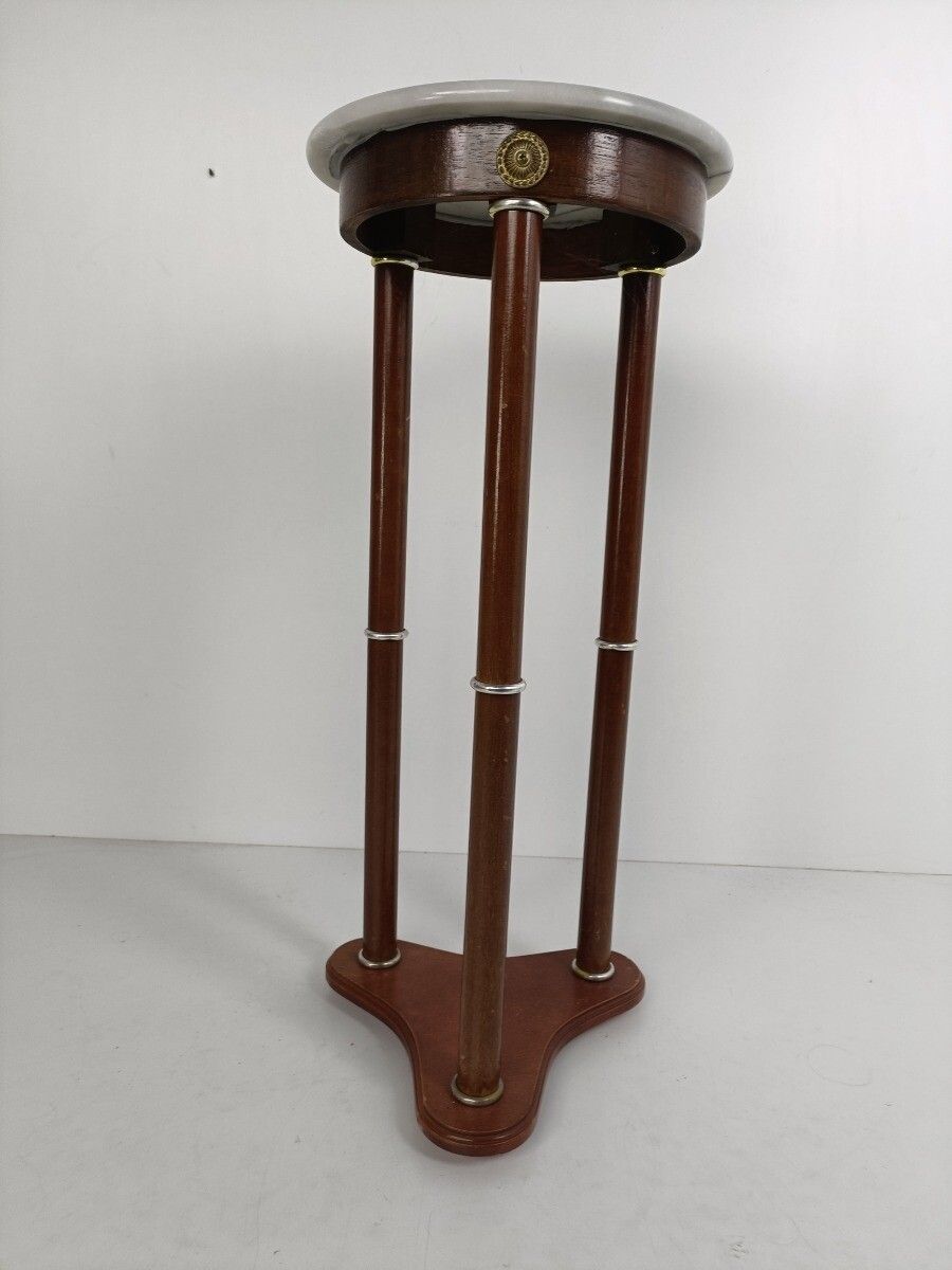 Vintage Pedestal Plant Stand Side Table Column Brass Trims Marble Top Wood Beaut photo vintage