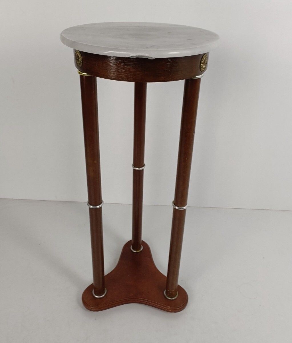 photo furniture Vintage Pedestal Plant Stand Side Table Column Brass Trims Marble Top Wood Beaut