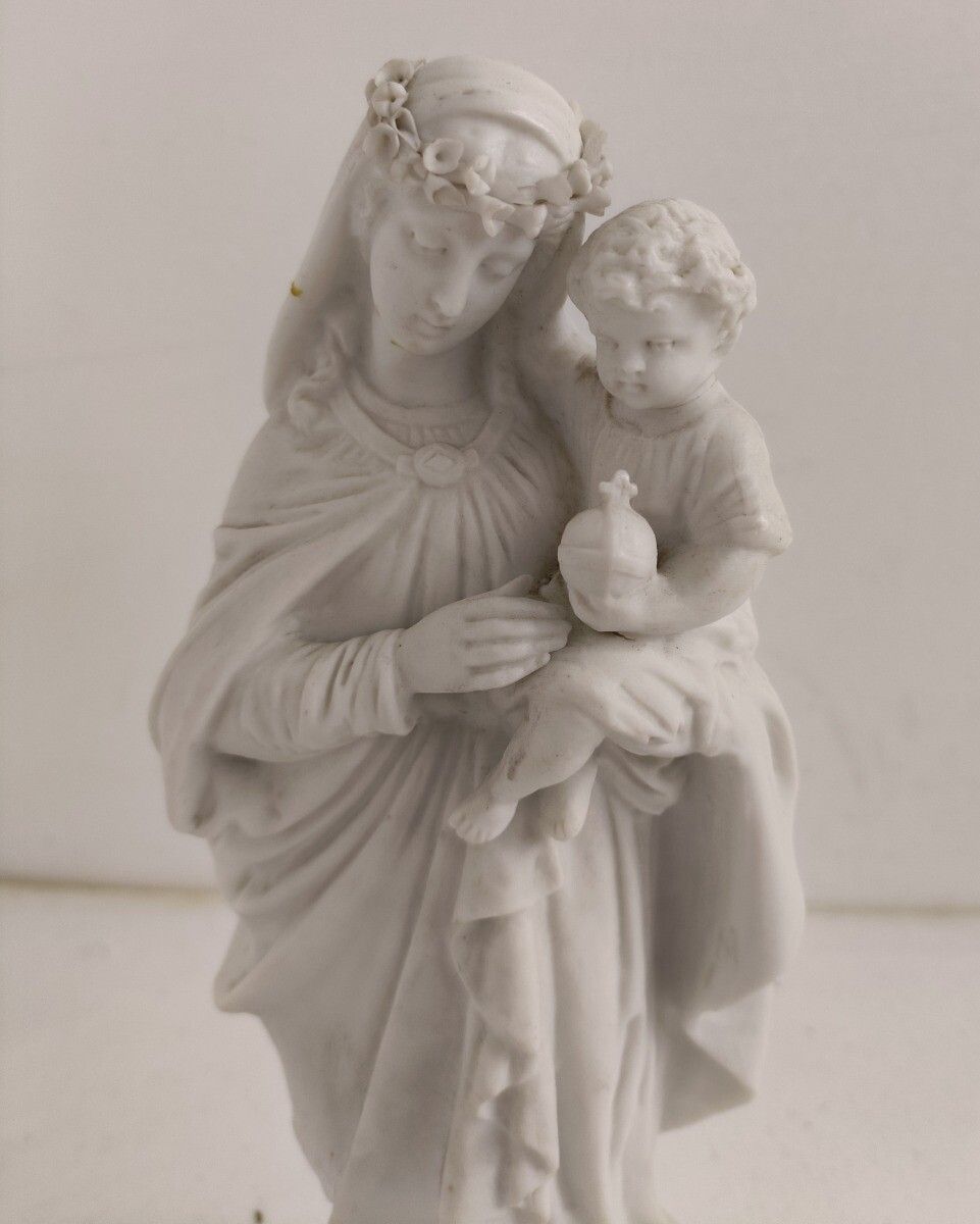 French Antique 1900 Bisque Statue Virgin Mary Our Lady With Infant Child Flower photo furniture