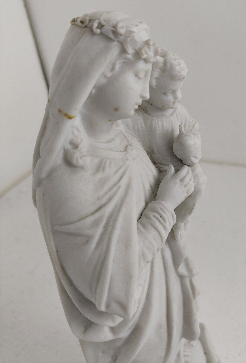 French Antique 1900 Bisque Statue Virgin Mary Our Lady With Infant Child Flower photo 244.0