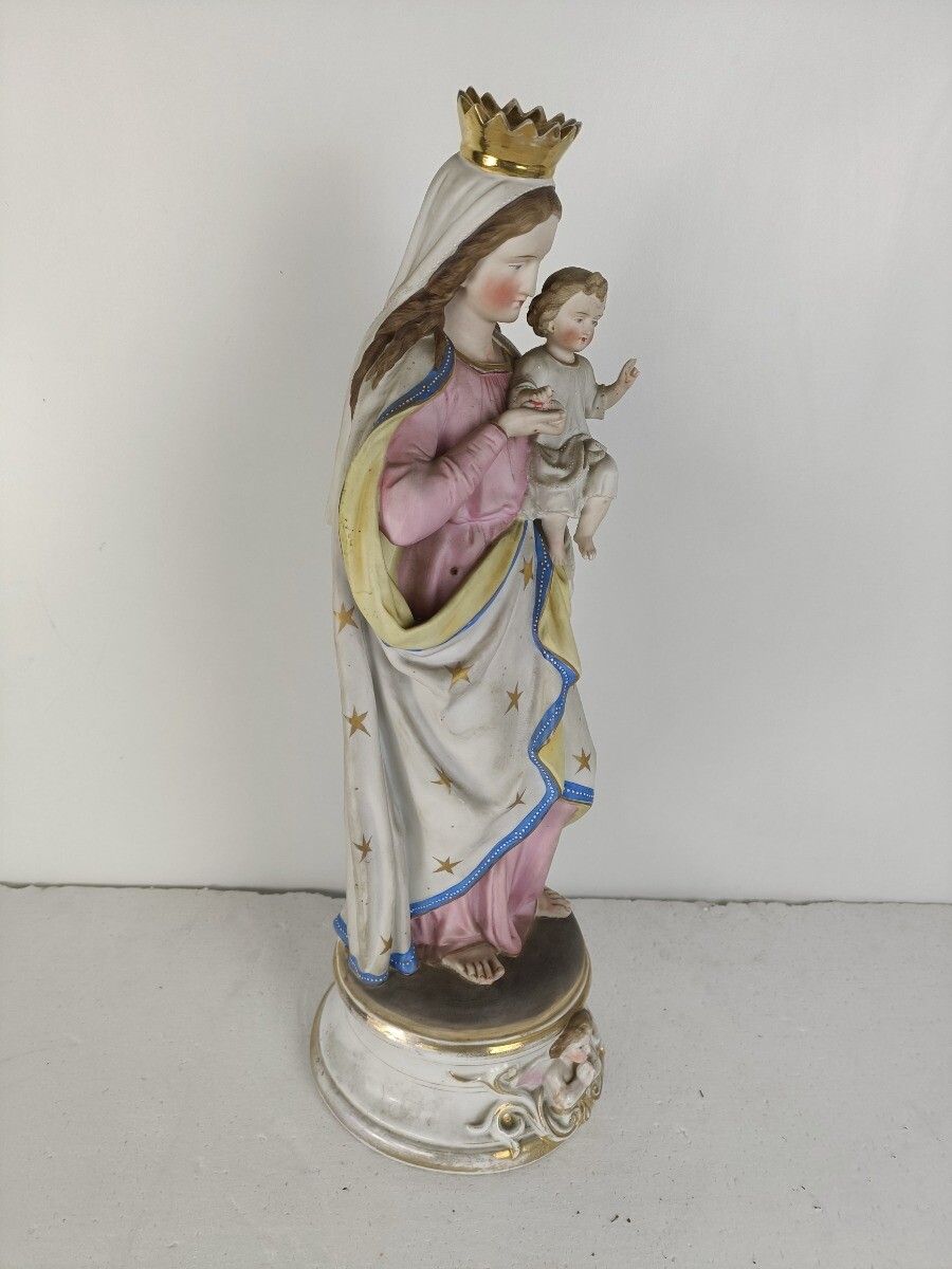 L French Antique Bisque Statue Virgin Mary Lady Madonna Infant Polychrome Antiqu photo for sale