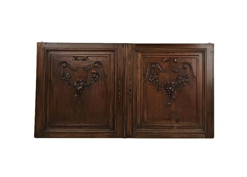 Pair Antique Door Panels Carved Wood Ornate  Grapes Architectural Reclaimed Salv
