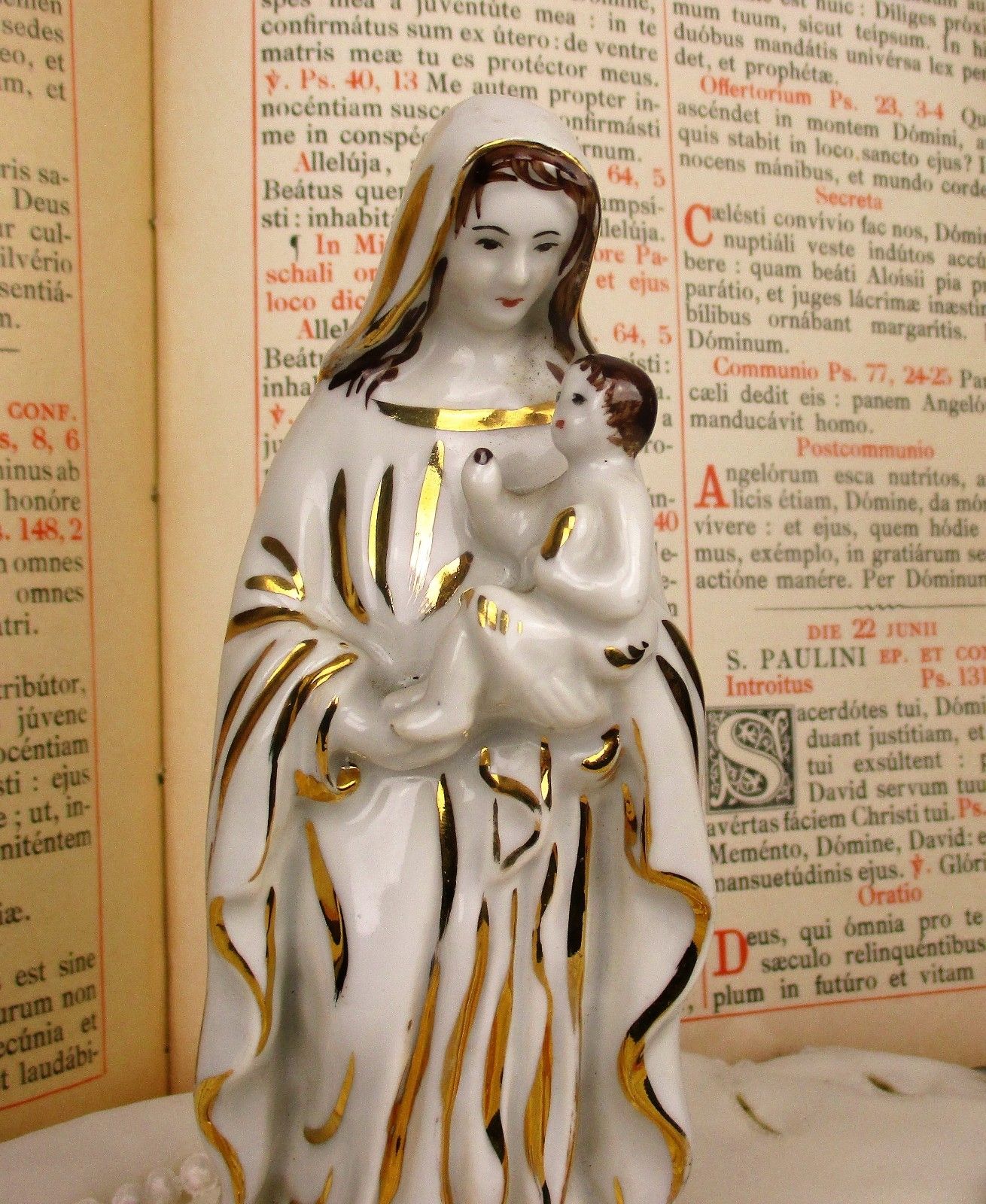 Antique 1900 Vieux Paris Porcelain Bisque  Statue Virgin Mary Infant Jesus 8.66" photo Art