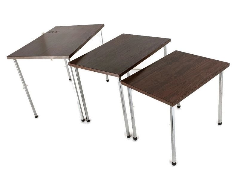 Set Of 3 Modernist  Nesting Stacking Coffee Side Tables Brown Veneer Chrome Legs