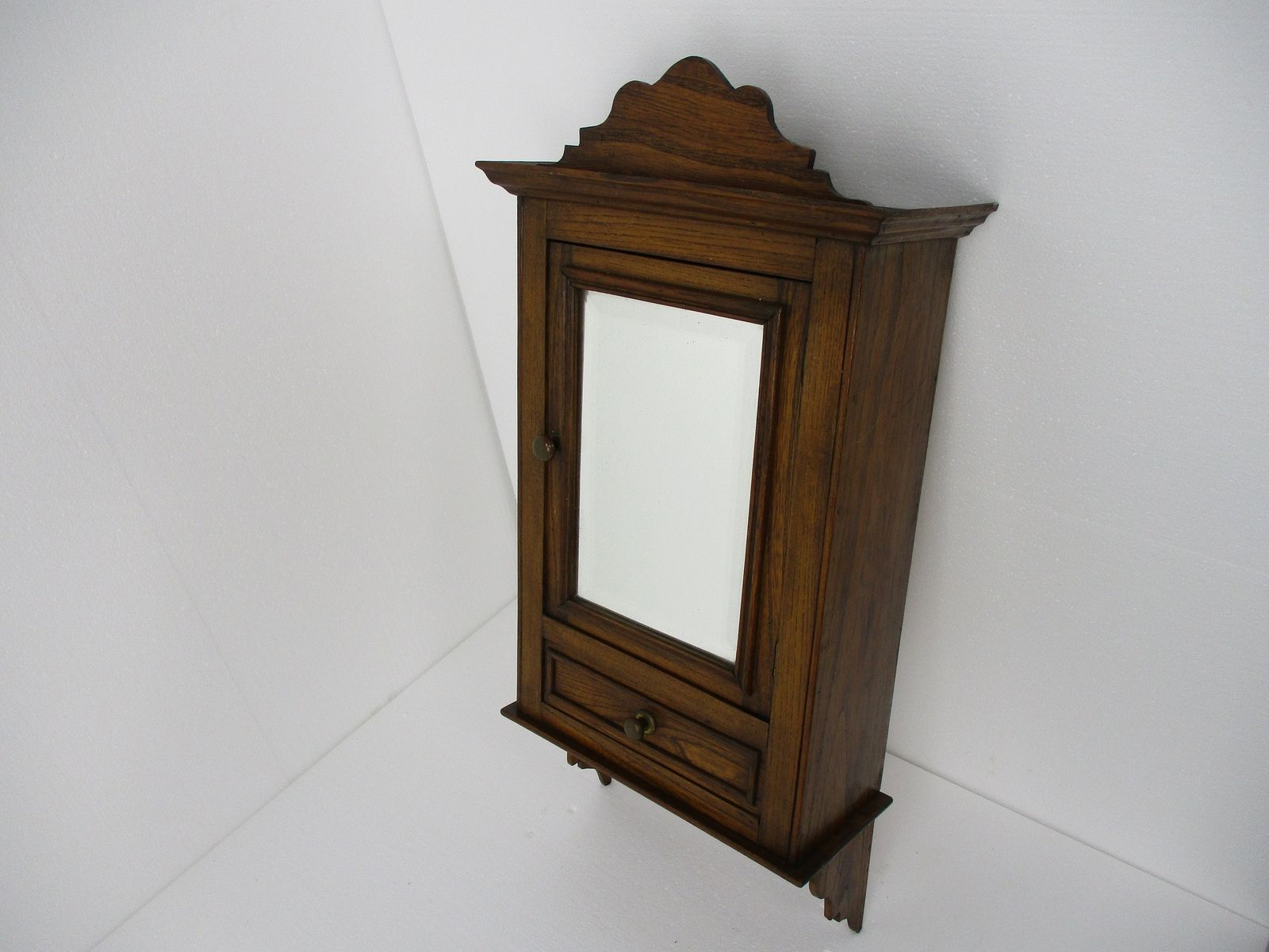 Vintage Wood Kitchen Apothecary Bathroom Wall Cabinet Hooks For Towels Pediment photo for sale