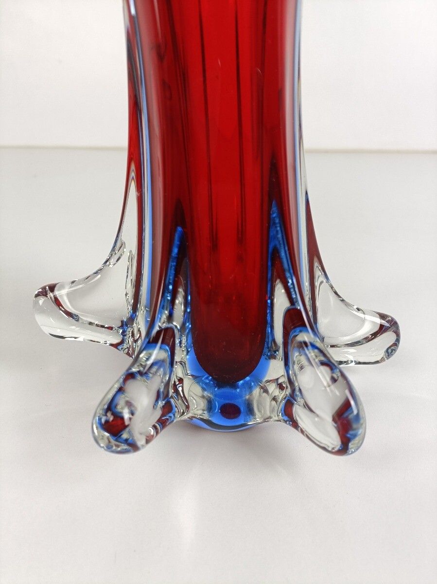 Italian Vintage Red  Blue Art Glass Vase Murano Style  Beautiful Hand Blown photo vintage