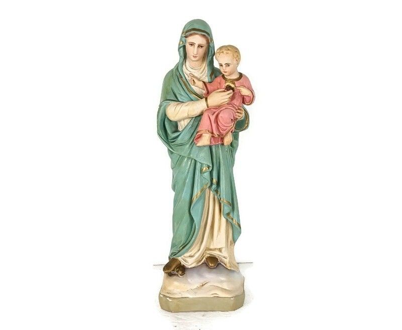 Antique Statue Madonna Virgin Mary Threading On Snake  With Infant Plaster Polyc