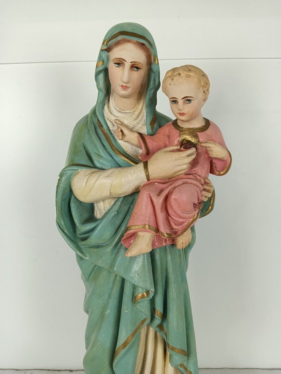 Antique Statue Madonna Virgin Mary Threading On Snake  With Infant Plaster Polyc photo buy
